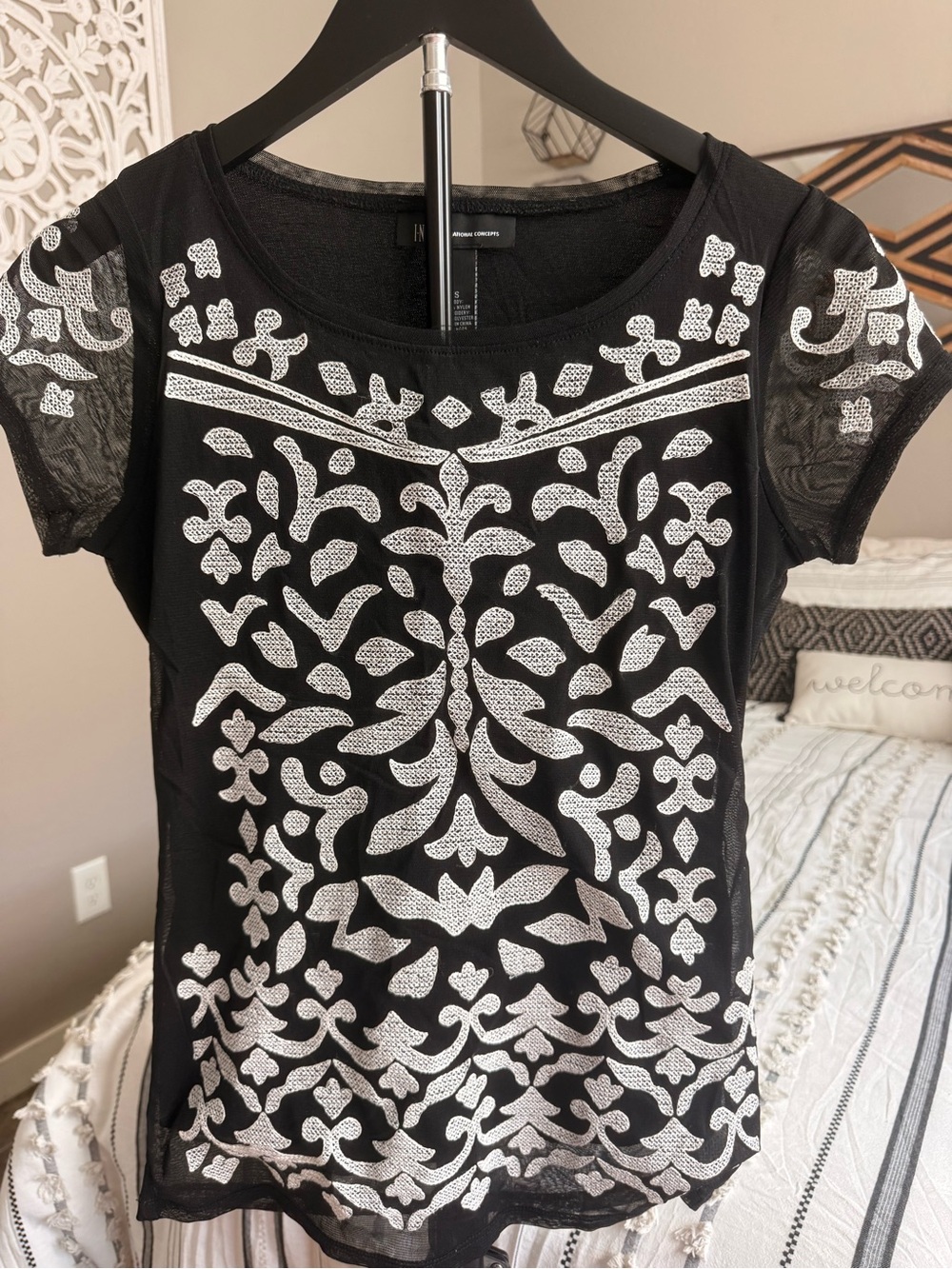 INC International Concepts Black Short Sleeve Top with Silver Embellishment